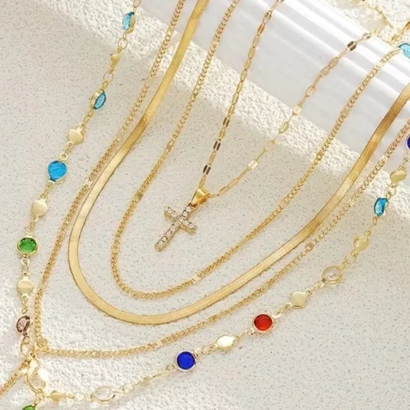 5 pc Set Gold Multi-Color Gem Layered Necklace - Picture 5 of 5